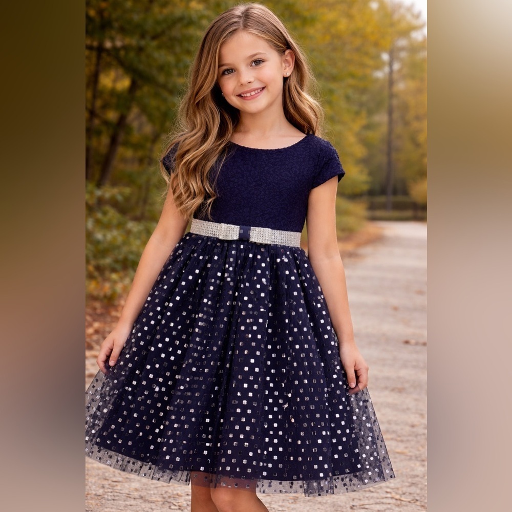 DOLLIE & ME navy blue silver metallic girls fashion chic style dress / size 6
